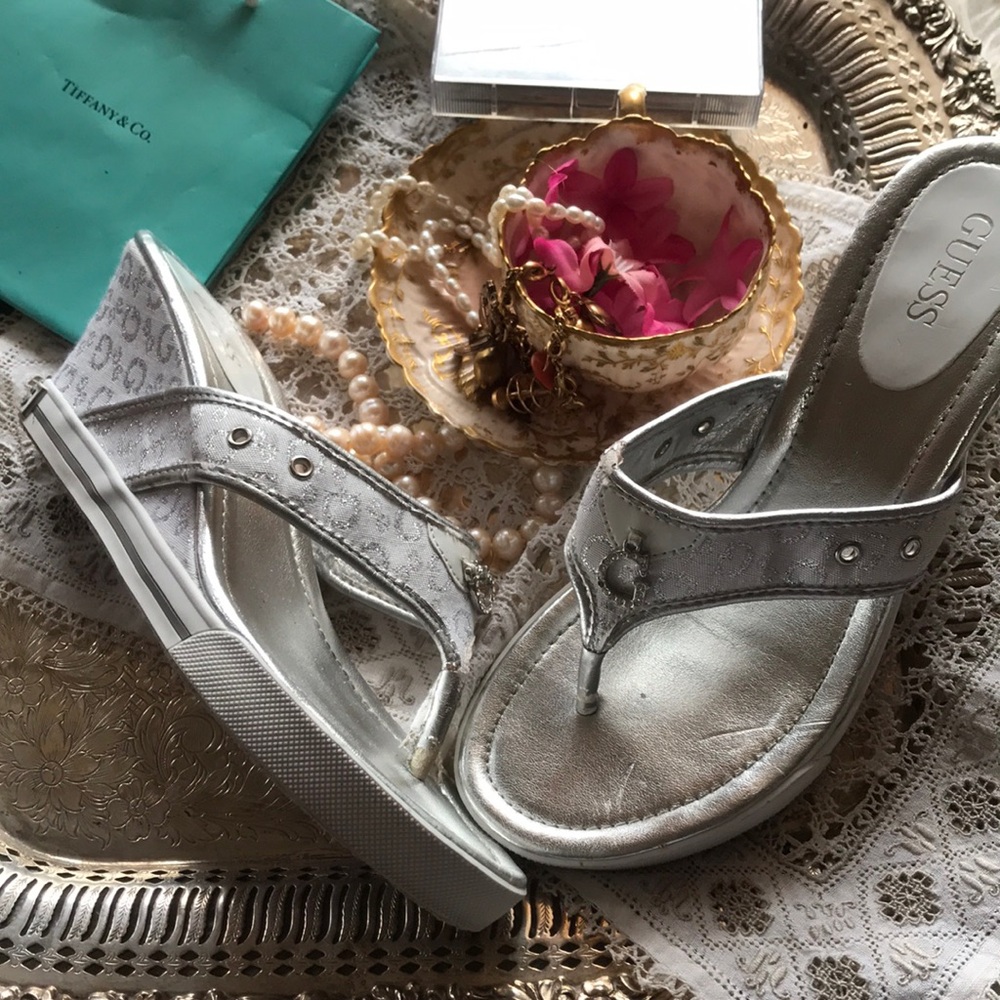 Vintage Y2k Guess Wedge Sandals Charm Silver McBling Bratz Jersey Shore 6.5 Sexy